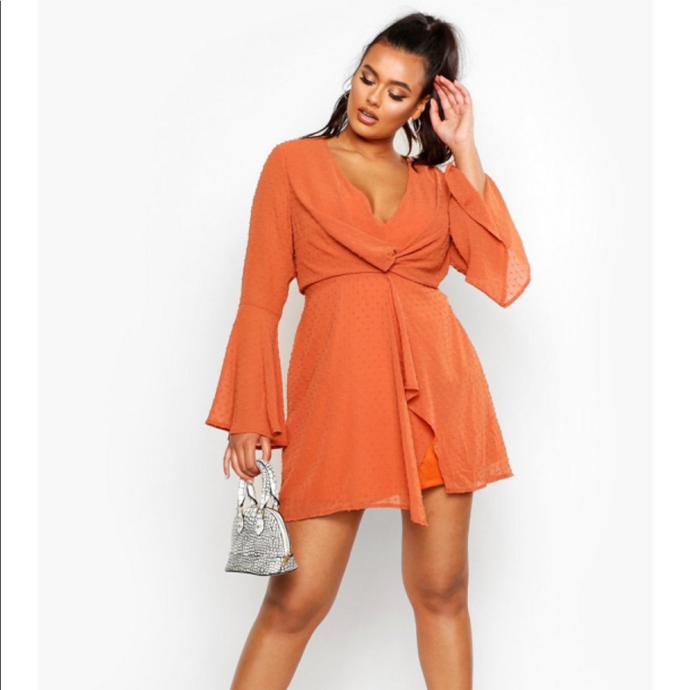 Plus Dobby Plunge Orange Front Flared Sleeve Dress